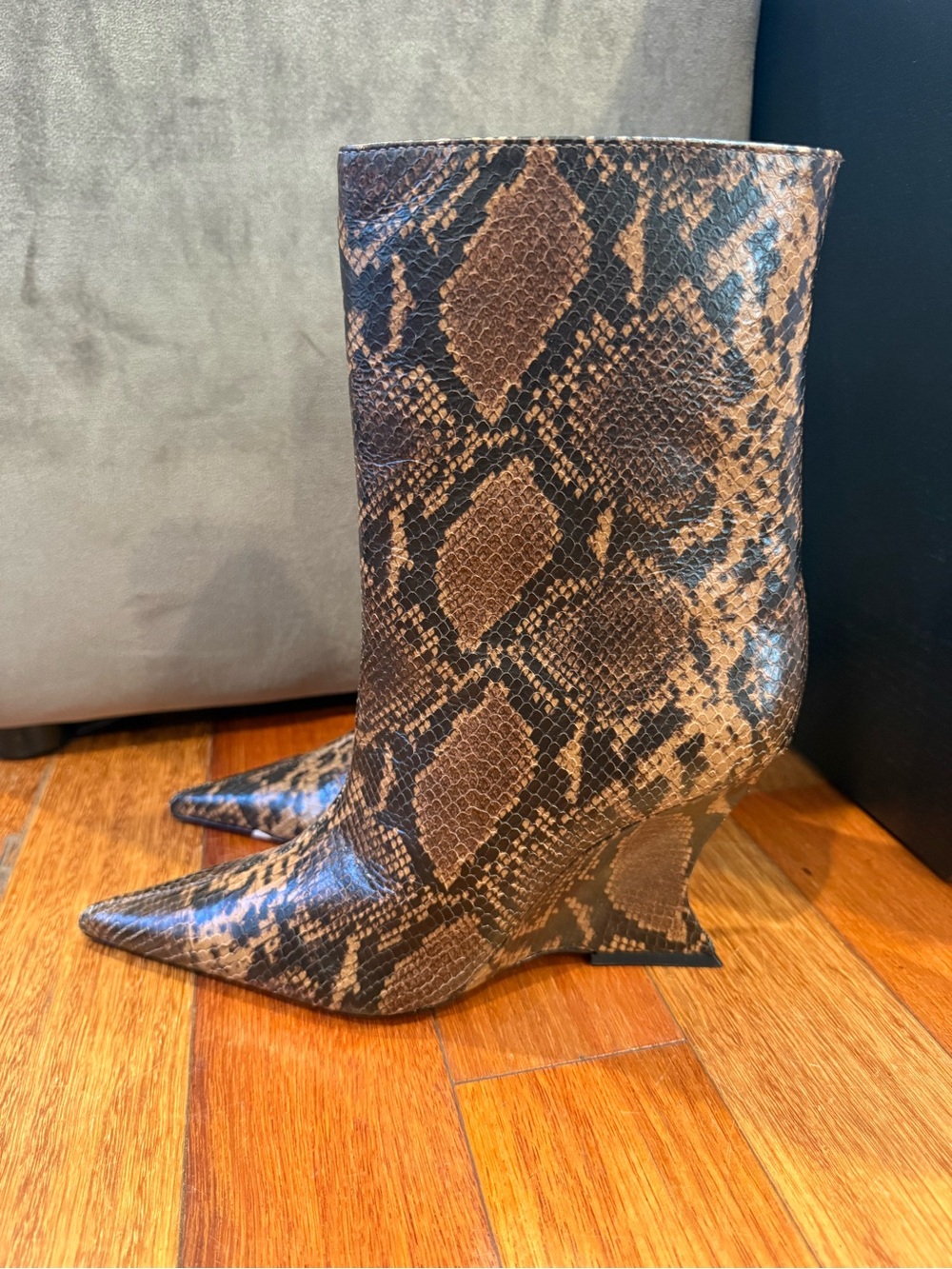 SCHUTZ Leather Brown Snake-Print Pointed Toe Mid-Calf Boots
